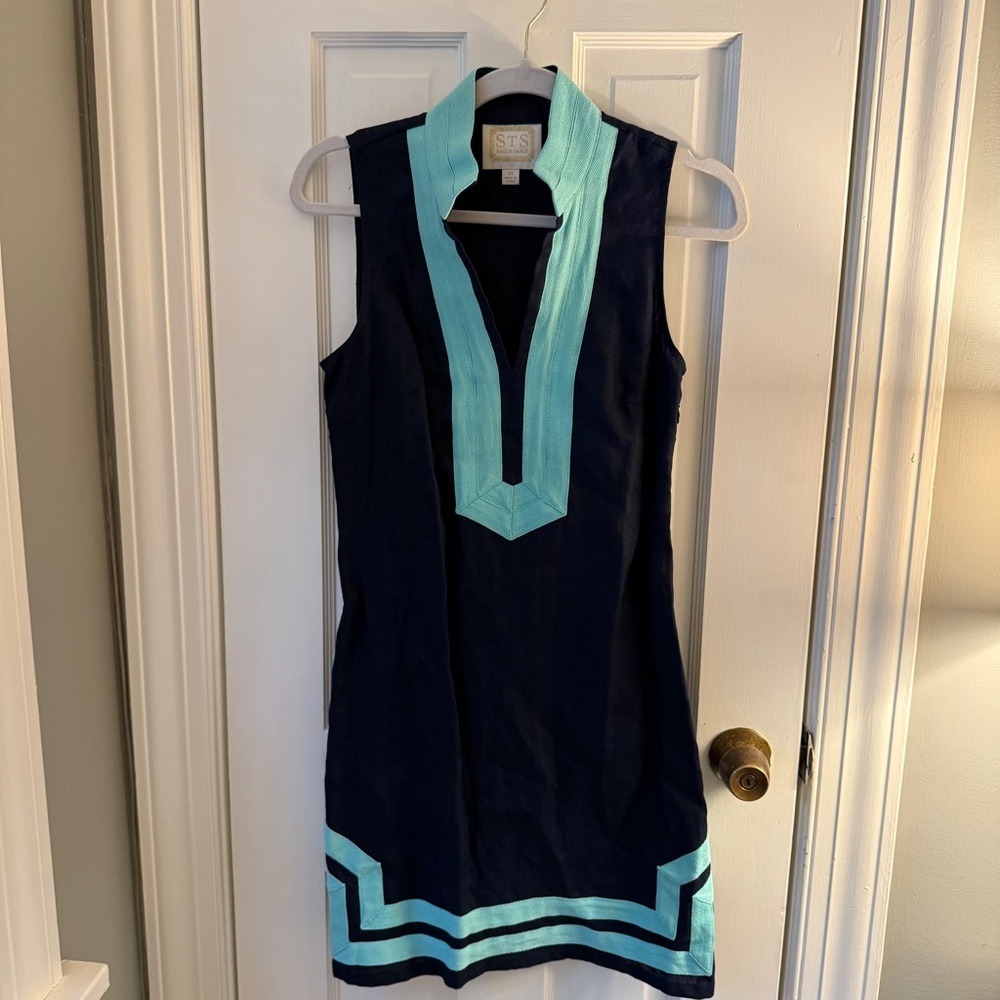 Sail to Sable Classic Linen Navy and Aqua Sleeveless Dress | XS